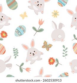 Happy easter. Seamless pattern with easter eggs, rabbit, flowers, butterfly on white background.  