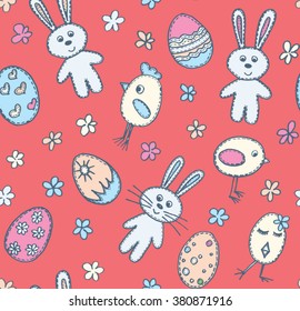 Happy Easter seamless pattern with eggs, rabbits and chickens.