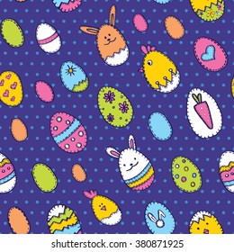 Happy Easter seamless pattern with eggs, rabbits and chickens.