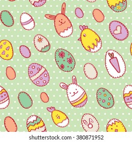 Happy Easter seamless pattern with eggs, rabbits and chickens.