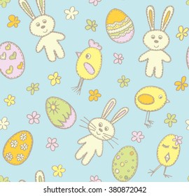 Happy Easter seamless pattern with eggs, rabbits and chickens.