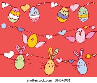 Happy Easter seamless pattern with eggs, rabbits and chickens.