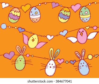 Happy Easter seamless pattern with eggs, rabbits and chickens.