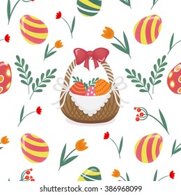 Happy Easter Seamless Pattern with Eggs and Flowers. Vector background