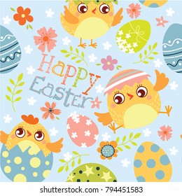 Happy Easter.  Seamless pattern of Happy Easter. ?hicken and eggs. Vector illustration