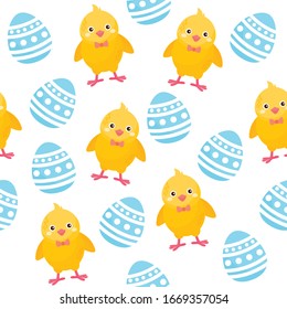 Happy Easter seamless pattern. Easter eggsand cute chicken illustration. Background for fabric print, texture and wrapping paper.