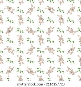 Happy Easter seamless pattern. Festive decoration print with rabbit and green twig and leaves on white background. Elements for wrapping paper, textiles and decor. Vector flat illustration