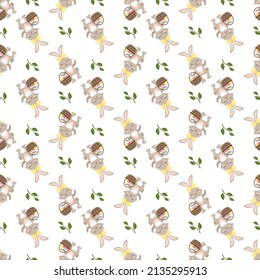 Happy Easter seamless pattern. Festive decoration print with rabbit with basket of eggs and green twig and leaves on white background. Elements for wrapping paper, decor. Vector flat illustration