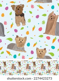 Happy Easter seamless pattern with flowers, leaves, carrot, eggs and Yorkshire Terrier dog, seasonal design background. Holiday present, spring fresh design, pastel colors, flat style. Colorful,motley