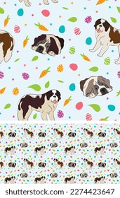 Happy Easter seamless pattern with flowers, leaves, carrot, eggs and St Bernard dog, seasonal design background. Holiday present, spring fresh design, pastel colors, flat style. Colorful, motley. 