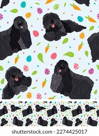 Happy Easter seamless pattern with flowers, leaves, carrot, eggs and Puli dog, seasonal design background. Holiday present, spring fresh design, pastel colors, flat style. Hungarian Water Dog.