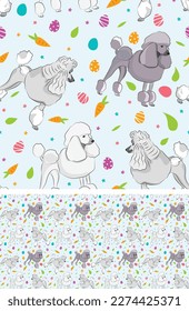 Happy Easter seamless pattern with flowers, leaves, carrot, eggs and Poodle dog, seasonal design background. Holiday present, spring fresh design, pastel colors, flat style. Colorful, motley. 