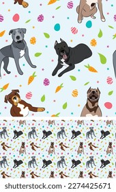 Happy Easter seamless pattern with flowers, leaves, carrot, eggs and Pitbull terrier dog,seasonal design background. Holiday present, spring fresh design, pastel colors, flat style. Colorful, motley. 