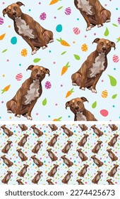 Happy Easter seamless pattern with flowers, leaves, carrot, eggs and Pitbull terrier dog,seasonal design background. Holiday present, spring fresh design, pastel colors, flat style. Colorful, motley. 