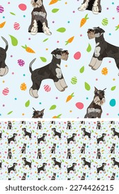 Happy Easter seamless pattern with flowers, leaves, carrot, eggs and Miniature Schnauzer dog, seasonal design background. Holiday present, spring fresh design, pastel colors, flat style. Colorful.