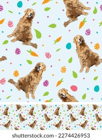 Happy Ostermuster nahtlos mit Blumen, Blättern, Karotten, Eiern und Golden Retriever Hund, saisonale Design Hintergrund. Feiertage, frisches Frühlingsdesign, Pastellfarben, flacher Stil. Farbig, motley