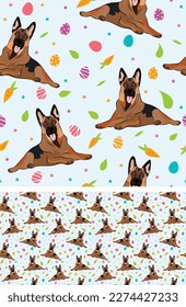 Happy Easter seamless pattern with flowers, leaves, carrot, eggs and German Shepherd dog, seasonal design background. Holiday present, spring fresh design, pastel colors, flat style. Colorful, motley.