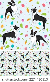 Frohe Ostermuster nahtlos mit Blumen, Blättern, Karotten, Eiern und Boston Terrier Hund, saisonalen Design Hintergrund. Feiertage, frisches Frühlingsdesign, Pastellfarben, flacher Stil. Farbenfroh, stumm. 