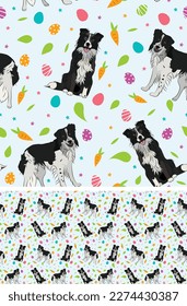 Happy Easter seamless pattern with flowers, leaves, carrot, eggs and Border collie dog, seasonal design background. Holiday present, spring fresh design, pastel colors, flat style. Colorful, motley. 