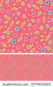 Happy Easter seamless pattern with flowers, leaves, carrot, colorful eggs, seasonal design background. Holiday present, spring fresh design, pastel colors, flat style. Colorful, motley greeting card. 