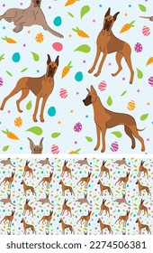 Happy Easter seamless pattern with flowers, leaves, carrot, eggs and Great Dane dog, seasonal design background. Holiday present, spring fresh design, pastel colors, flat style. Colorful, motley. 