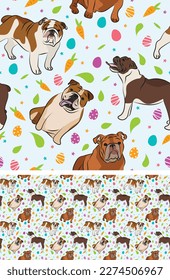 Happy Easter seamless pattern with flowers, leaves, carrot, eggs and English Bulldog dog, seasonal design background. Holiday present, spring fresh design, pastel colors, flat style. Colorful, motley.