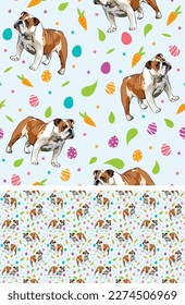 Happy Easter seamless pattern with flowers, leaves, carrot, eggs and English Bulldog dog, seasonal design background. Holiday present, spring fresh design, pastel colors, flat style. Colorful, motley.