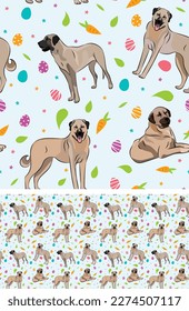 Happy Easter seamless pattern with flowers, leaves, carrot, eggs and Kangal dog, seasonal design background. Holiday present, spring fresh design, pastel colors, flat style. Colorful, motley. 