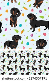 Happy Easter seamless pattern with flowers, leaves, carrot, eggs and Doxie dog, seasonal design background. Holiday present, spring fresh design, pastel colors, flat style. Colorful, motley. 