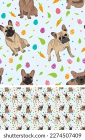 Happy Easter seamless pattern with flowers, leaves, carrot, eggs and French Bulldog dog, seasonal design background. Holiday present, spring fresh design, pastel colors, flat style. Colorful, motley. 