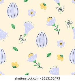 Happy Easter seamless pattern with flowers and painted eggs on yellow background. Happy Easter hand drawn card. Flat illustration with partial outline. Vector illustration.