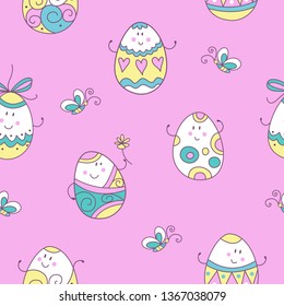 happy Easter. Seamless pattern with funny painted Easter eggs. For printing on fabric, paper. For packing gifts for Easter.