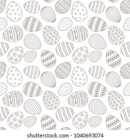 Happy Easter seamless pattern greeting card with decorated painted Easter eggs. Vector Illustration thin line stroke style design for invitations, prints, wrapping paper