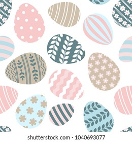 Happy Easter seamless pattern greeting card with decorated painted Easter eggs. Vector Illustration flat style design for invitations, prints, wrapping paper