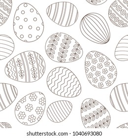 Happy Easter seamless pattern greeting card with decorated painted Easter eggs. Vector Illustration thin line stroke style design for invitations, prints, wrapping paper
