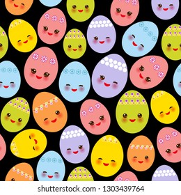 Happy Easter seamless pattern, greeting card banner template. Kawaii colorful blue green orange pink yellow cute funny egg with pink cheeks and winking eyes, pastel colors on black background. Vector