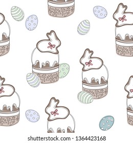 Happy Easter seamless pattern greeting card with decorated Easter eggs and cakes. Vector Illustration flat style design for invitations, prints, wrapping paper