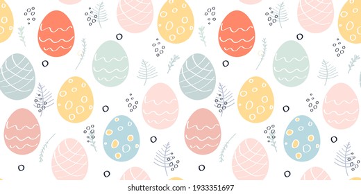 Happy Easter seamless pattern greeting card with decorated painted Easter eggs. Vector Illustration flat style design for invitations, prints, wrapping paper