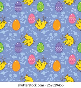 Happy Easter seamless pattern with hand drawn doodle symbols. Vector background.