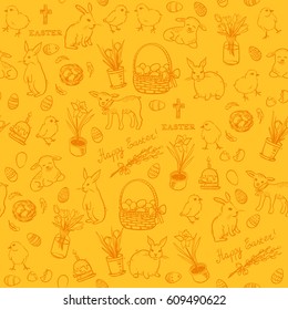 Happy Easter seamless pattern with hand drawn doodle symbols. Vector background. 