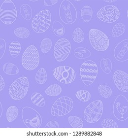 Happy Easter seamless pattern. Hand-drawn eggs with a variety of ornaments on a lilac background. Vector. 