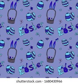 Happy easter seamless pattern hand-drawn easter bunny, basket with eggs, flowers, hearts inscription