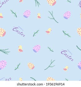 Happy Easter - seamless pattern with handwritten lettering, young tree branches, yellow chickens and Easter eggs. Vector illustration design template in pastel colors.