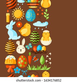 Happy Easter seamless pattern with holiday items. Decorative symbols and objects, eggs, bunnies.