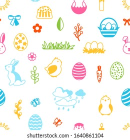 Happy Easter seamless pattern with holiday items. Decorative symbols and objects, eggs, bunnies.