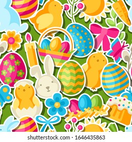 Happy Easter seamless pattern with holiday stickers. Decorative symbols and objects, eggs, bunnies.