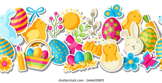 Happy Easter seamless pattern with holiday stickers. Decorative symbols and objects, eggs, bunnies.