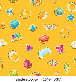 Happy Easter seamless pattern with holiday stickers. Decorative symbols and objects, eggs, bunnies.