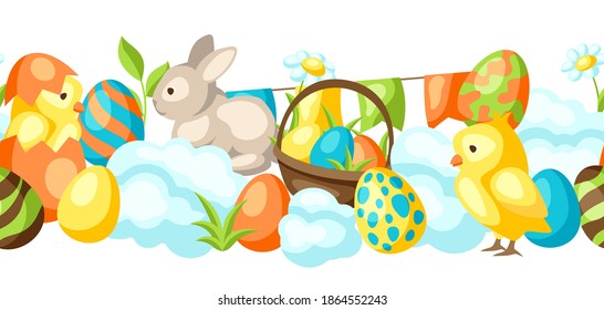 Happy Easter seamless pattern with holiday items. Decorative symbols and objects.