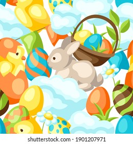 Happy Easter seamless pattern with holiday items. Decorative symbols and objects.